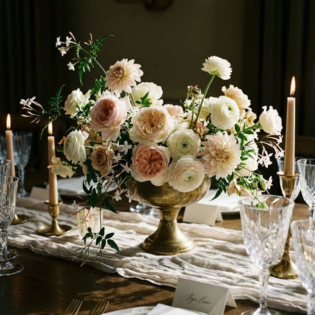 Detalle de mesa con arreglo floral elegante